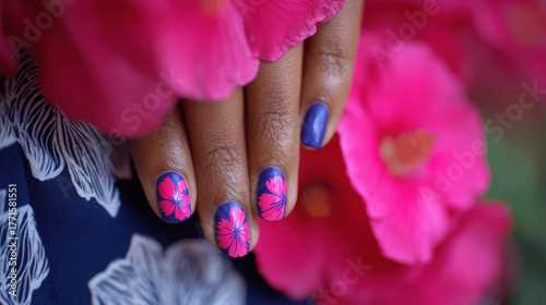 Vibrant Blue and Pink Floral Nail Art