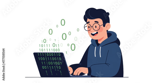 A smiling young man in a blue hoodie working on a laptop with code on the screen and green binary code floating above it against a clean white background.