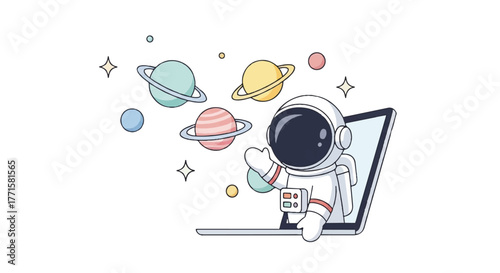 Astronaut emerges from a laptop surrounded by colorful planets and stars in a whimsical illustration with a playful and adventurous mood.
