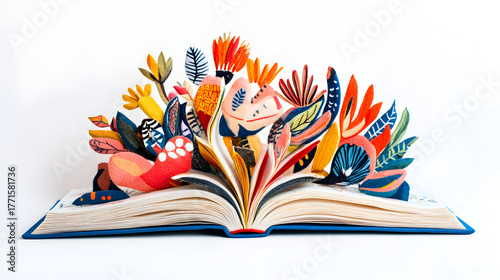 Open Book of Floral Fantasy, Colorful Artistic Illustration, Paper Art, Blooming Botanical Dreamscape, Unique Fantasy Art, Intricate Detail, Whimsical Creation, Perfect for Designers and Illustrators