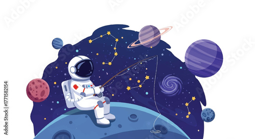 Astronaut fishing on a planet's surface with planets and stars in the background, in a whimsical illustration with a space-themed setting.