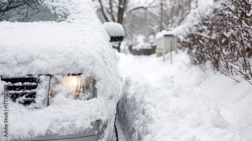 Snow covered car on driveway during heavy blizzard, frozen vehicle under thick snow, ice storm and cold winter weather, dangerous roads and transportation challenges in suburban neighborhood