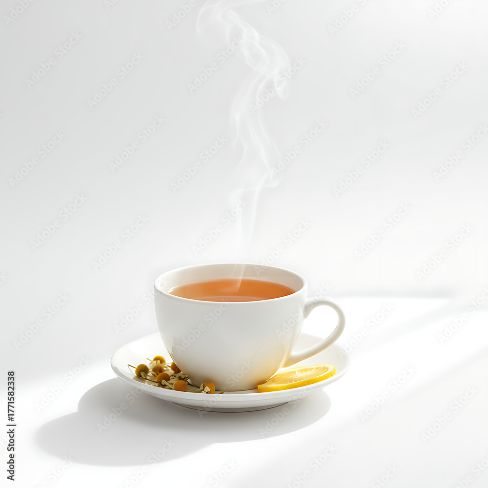 Fototapeta premium Herbal tea cup with steam rising on white background in soft light 