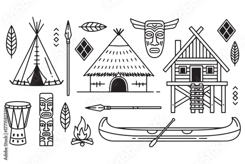Indigenous culture icons isolated on white background showcasing traditional dwellings, artifacts, and symbols of native tribes and their heritage