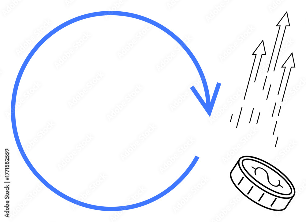 Fototapeta premium Blue arrow in a circular motion next to a coin with upward arrows. Ideal for investment, growth, sustainability, profit, business, economy, finance. A simple flat metaphor