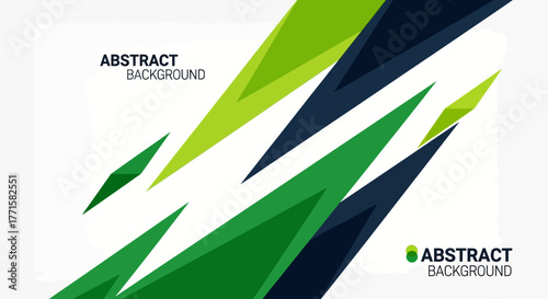 Abstract background with sharp green and dark blue geometric shapes on a white canvas.