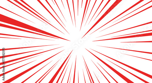 Dynamic red radial lines exploding from a central point on a white background, creating a comic book speed effect.