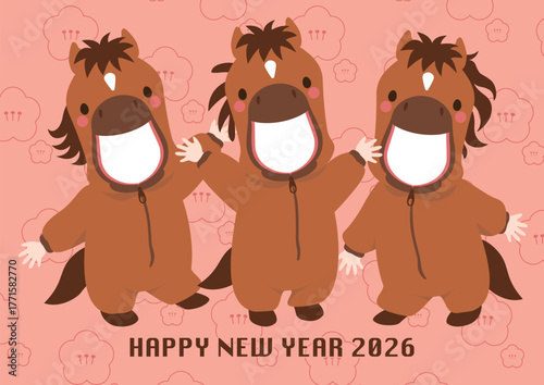 写真の顔をはめ込むことができる３人用の馬の着ぐるみの年賀状用ベクターイラスト