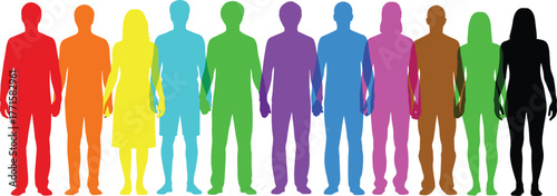 Colorful silhouette group, diversity concept, inclusion, unity, gradient people, abstract figures, equality, vibrant design, social harmony, multicultural representation