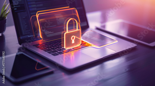Segurança digital e conformidade: notebook e tablet com pasta luminosa e cadeado, backup na nuvem e controle de acesso. Visual moderno, reflexos delicados e grande espaço negativo