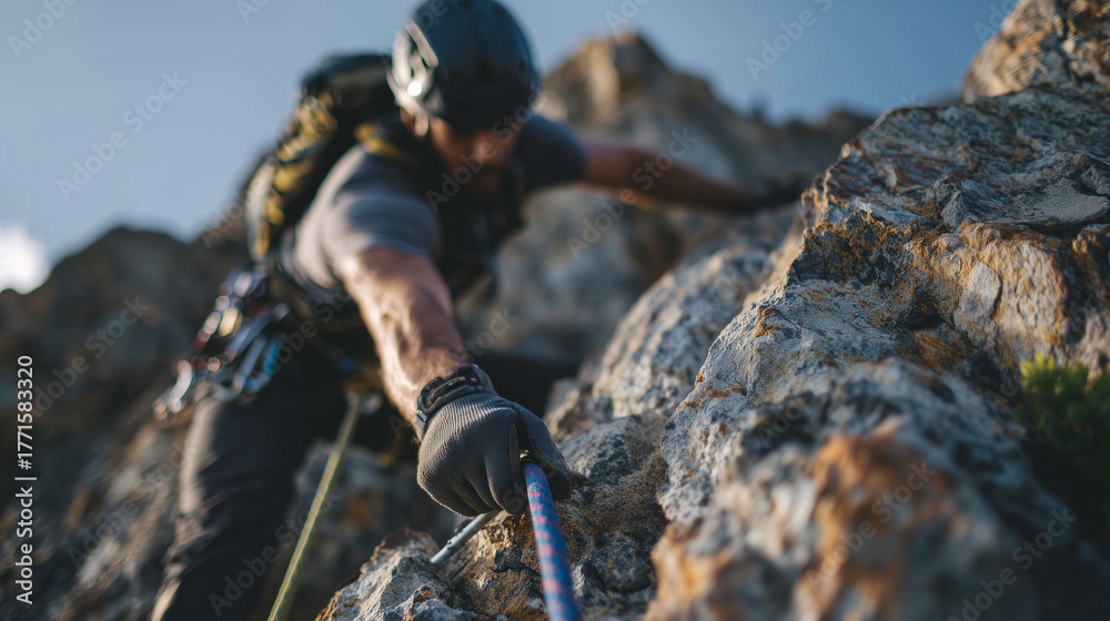 Obraz premium Action-focused close-up of a mountaineerâs hand locking a carabiner to a rock anchor, bright blue rope in tension under the warm glow of sunlight