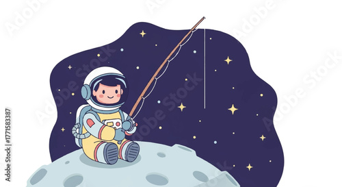 Illustration of a smiling astronaut fishing on a moon's surface with a starry night sky in the background, wearing a white spacesuit.
