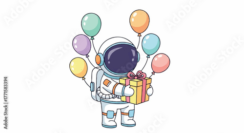 Illustration of an astronaut in a white spacesuit holding a gift and colorful balloons on a plain white background with a playful and celebratory mood.