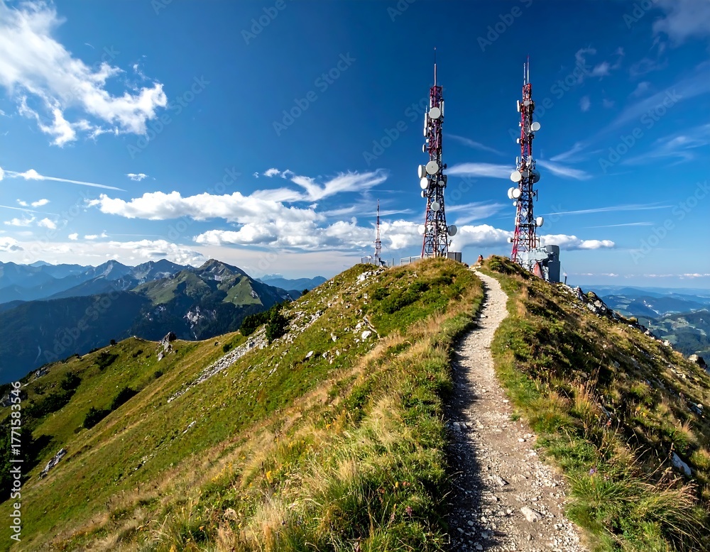 Obraz premium Mountain summit scene with communication towers and a walking path