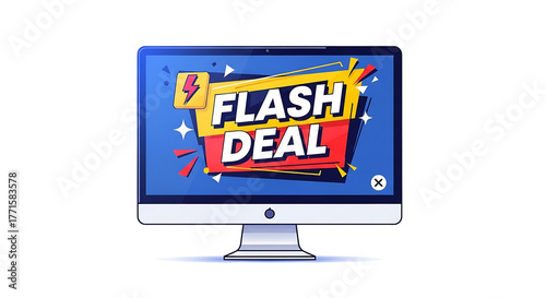 Computer monitor displaying flash deal graphic with lightning bolt isolated on transparent background cyber monday element