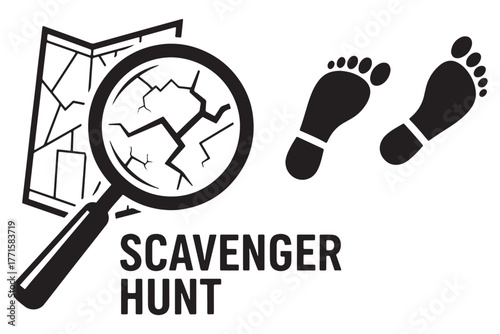 Embark on a thrilling scavenger hunt adventure with a magnifying glass, map, and footprints, isolated on white background, promising excitement and discovery