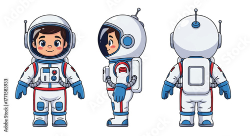 Three cartoon astronaut characters in white and red space suits with blue accents on a clean white background.