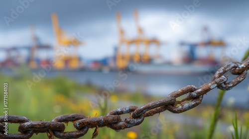 Macro perspective highlighting texture of corroded chain links, blurred motion of cranes loading containers in the distance