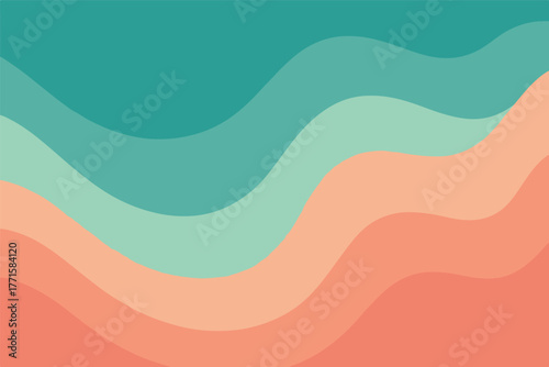 The image is an abstract illustration featuring a wavy, layered pattern with a color gradient. The colors transition from a teal blue at the top to a peach-orange at the bottom. vector style 
