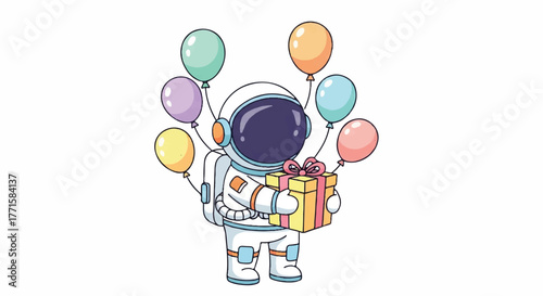 A cartoon astronaut in a white spacesuit holding a wrapped gift and colorful balloons on a plain white background with a playful mood.