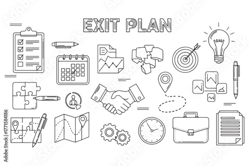 A detailed line art illustration of an exit plan concept with businessrelated icons, isolated on white background, suitable for strategic planning visualizations