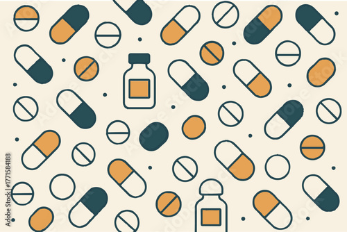 Medicine seamless doodle pattern for your design. Hand drawn Health care, pharmacy, medical cartoon background. Vector illustrations eps 10.