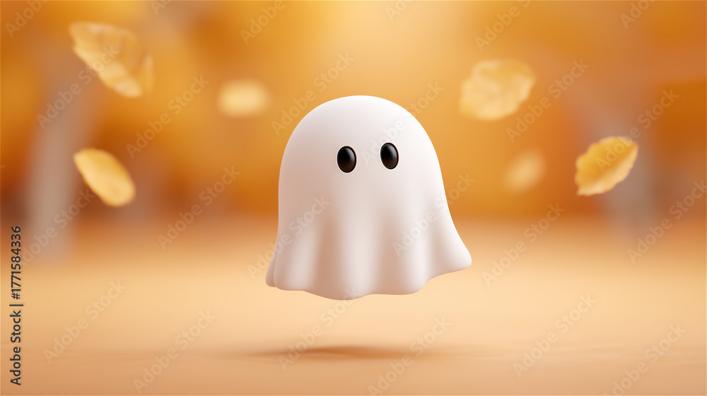 Fototapeta premium Cute ghost figure floating among autumn leaves on orange background, concept of Halloween, fun, and seasonal celebration.
