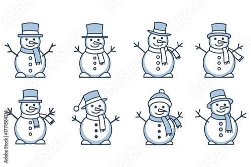 Collection of cheerful snowmen wearing hats and scarves isolated on white background, perfect for winter holiday and festive season decorations