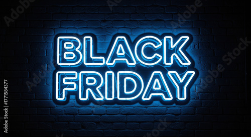 Bright blue neon sign illuminating the words black friday against a dark brick wall background