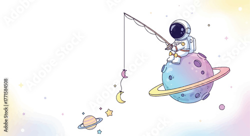 Astronaut sitting on a colorful planet fishing with a fishing rod and reel in a whimsical space scene with stars and moons.