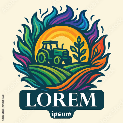 Agriculture and farming with tractor with cultivator and plow, logo design. Agribusiness, eco farm and rural country, vector design. Farm industries and agronomy, illustration