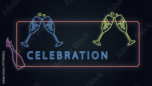 Neon Celebration Sign with Glowing Champagne Glasses and Bottle on Dark Background