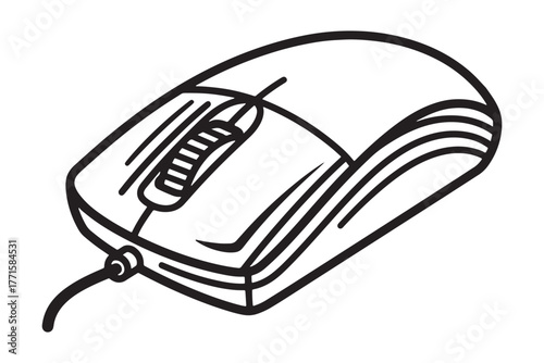 A computer mouse with a scroll wheel isolated on white background, commonly used for navigation and input on desktop and laptop computers