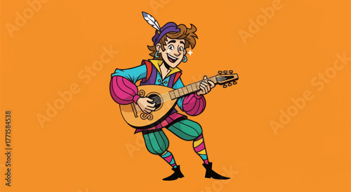 A smiling, joyful character plays a lute in colorful Renaissance garb against an orange backdrop