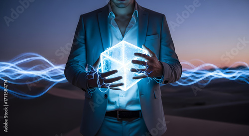 Man Holding a Glowing Cube: A focused individual, illuminated by a futuristic, glowing cube, emanates power and innovation against the twilight desert backdrop.