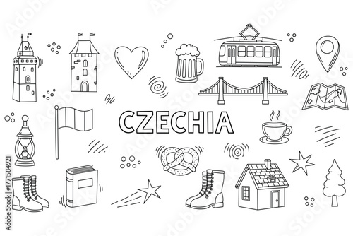 Czechia symbols: castles, tram, flag, beer, pretzel and map in doodle style