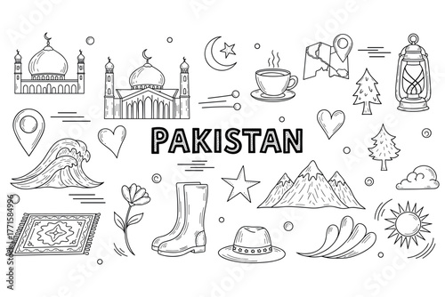 Doodle art of iconic pakistani symbols and landmarks