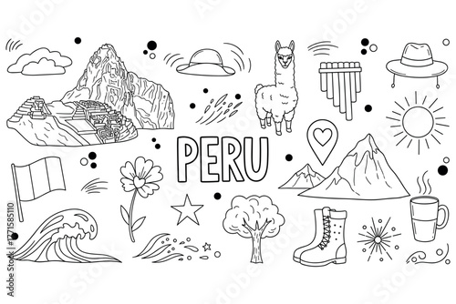 Peru doodle art: machu picchu, llama, pan flute, andes mountains, nature symbols