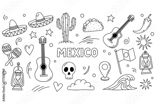 Mexican culture symbols: sombrero, cactus, taco, guitar, maracas, lantern, flag, sun