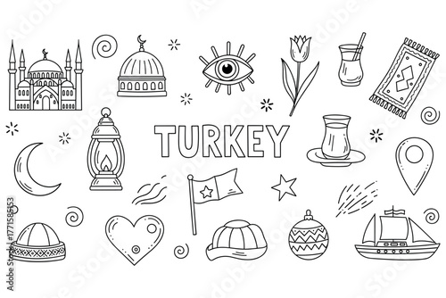 Turkey icons: mosque, flag, eye, tulip, lamp, tea, crescent moon, heart, ornament