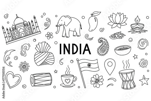 Indian cultural symbols outline: taj mahal, elephant, lotus, traditional patterns