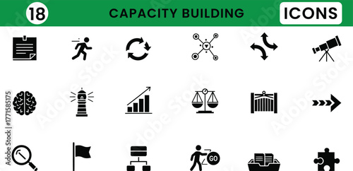 Capacity and building, Puzzle Piece, Gear, Brain, Graph, Handshake, Light Bulb, Stairs, Book, Network, Toolbox silhouette vector icons  illustration