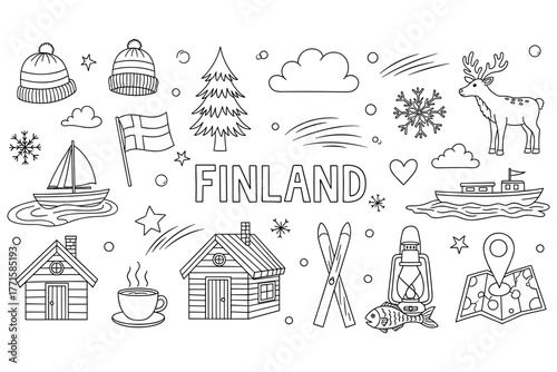 Finland icons: winter, landscape, and culture doodle collection