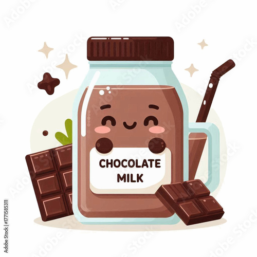 Cute jar of chocolate milk with a smiling face accompanied by chocolate chunks and a straw