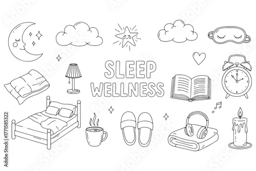 A sleep wellness doodle isolated on white background, showcasing bedtime essentials and relaxation symbols for promoting restful nights and selfcare