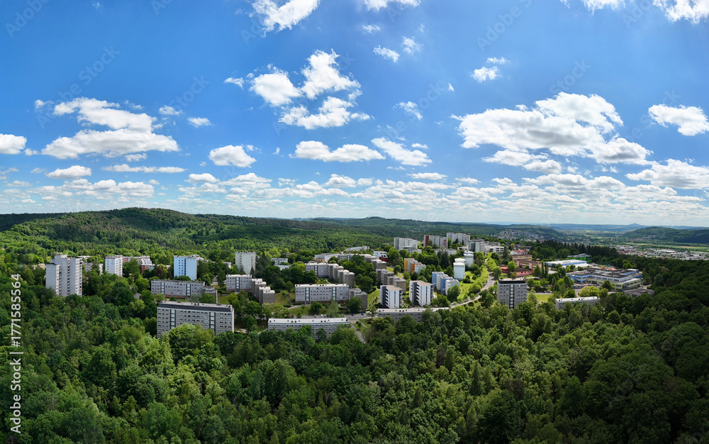 Obraz premium Aerial Cityscape with Lush Green Surroundings