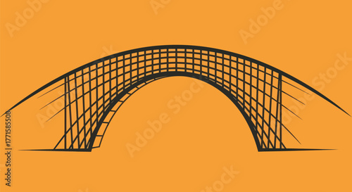 Arching bridge with a grid-like deck, black on orange background