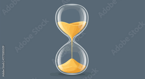 Illustration of a glass hourglass with yellow sand on a dark gray background
