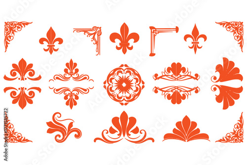 Ornate decorative elements isolated on white background, adding elegance and sophistication to designs with floral motifs, corners, and fleurdelis patterns beautifully