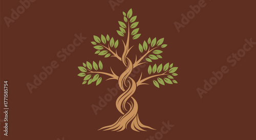 Foto A stylized tree with interwoven trunk, leafy branches on a brown background